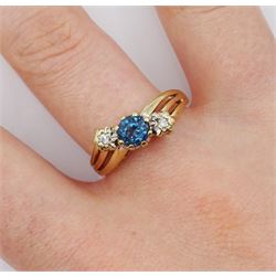 9ct gold three stone London blue topaz and diamond ring, hallmarked