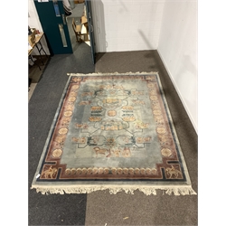 Chinese super washed wool pile carpet, decorated with hunting scenes and stylised floral roundels, 248cm x 310cm