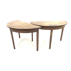 Pair 19th century oak demi lune tables, raised on square tapered supports, D123cm, H74cm