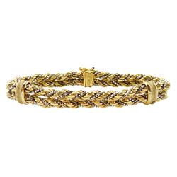 9ct white and yellow gold rope twist bracelet with textured gold spacers, Sheffield import mark 1990