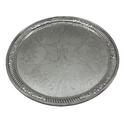 Late Victorian silver circular salver engraved with a monogram, garlands and foliage within a gadrooned raised border D36cm Sheffield 1893 Maker probably Atkin Bros 42oz