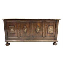 19th century oak coffer or blanket chest, the hinged moulded lid over quadruple panelled front, mounted by moulded lozenge and rectangular panels inlaid with ivory and bone star motifs, on turned bun feet 

This item has been registered for sale under Section 10 of the APHA Ivory Act