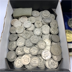  Commemorative crowns in plastic holders, quantity of King George VI post 1946 base metal shillings, four Queen Elizabeth II five pound coins, various stamps including small number of Queen Victoria perf penny red stamps etc  