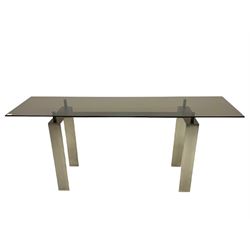 Contemporary console table, rectangular smoked glass top on brushed steel supports