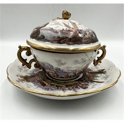 19th century Meissen two-handled ecuelle, cover and stand, the cover, bowl and saucer each painted with a continuous harbour, estuary and landscape scenes, gilt flat-scroll handles, flower bud knop handle and gilt borders, underglaze blue crossed swords mark, saucers D18.5cm