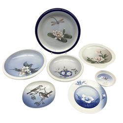 Royal Copenhagen dish painted with dragon fly and flowers together with two others, no.2528, no.2800, no. and two B&G plates (5)