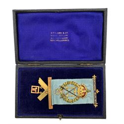 Gold and coloured enamel Masonic jewel presented to W. Bro. Sir Gordon Hewart 1920-21, by The Northern Bar, ,cased.  All 15ct except brooch pin is 9ct and back shield plaque tests as silver gilt