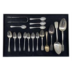 Set of six George III silver teaspoons London 1794 Makers Samuel Godbehere and Edward Wigan, pair of George III fiddle pattern table spoons, various teaspoons and tongs 12.4oz