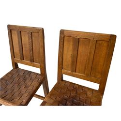 Yorkshire Oak - set four triple panelled back dining chairs, with woven lattice leather seats, on octagonal front supports joined by plain stretchers