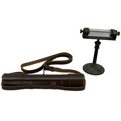 19th century glass prism on ball and socket brass stand, together with a  three drawer telescope by Broadhurst Clarkson & Co, in leather case (2)