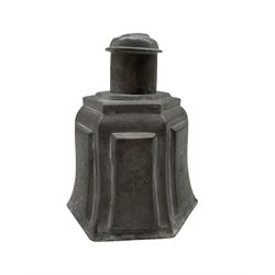 Early 20th century Chinese pewter tea caddy of hexagonal form with floral and script decoration H15cm 