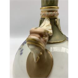 Royal Worcester blush ivory vase, of pear form with twin satyr mask handles and fluted neck hand painted with blue flowers and ferns, with puce printed mark beneath H22cm
