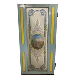 19th century painted wood and glass panel door, the frosted glass pane decorated with central Alpine waterfall landscape in a scrolling border with flowerheads, foliate and acanthus leaf decoration extend into the filed with gilt fleur-de-lis motifs, the wooden frame painted yellow and turquoise 