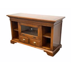 20th century cherry sideboard TV stand, centred by a hi fi cabinet with glazed up and over door and drawer, flanked by an adjustable shelf at each end, raised on shaped bracket supports W135cm, H78cm, D50cm