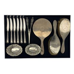 Pair of Edwardian silver oval sweetmeat baskets Birmingham 1904, pair of silver backed brushes and matching hand mirror, six silver handled pastry knives and a pair of silver handled glove stretchers