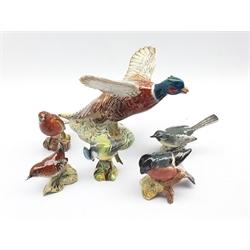 Beswick model of a pheasant flying upwards No. 849 withdrawn 1971 and five small Beswick birds
