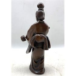 Japanese carved wood standing figure holding a staff, signed, H25cm and a Japanese bronze campana vase with engraved decoration H15cm (2)