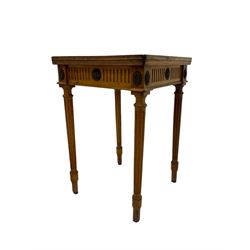 Louis XVI design walnut occasional table, square top over arcade carved frieze with with carved flowerhead insets, raised on fluted tapered supports