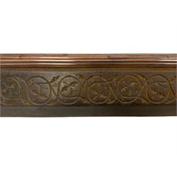 Copper and wrought metal fire fender with matching andirons - the fender with reed moulded upper edge over chamfered front and sides decorated with scrolling pattern, mounted at each corner with ball and claw finials (W135cm, D38cm); matching andirons with ball and claw finial on scrolled footed base
