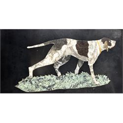 Pietra Dura plaque inlaid with marble depicting a hunting dog in undergrowth with wide frame 8cm x 13cm