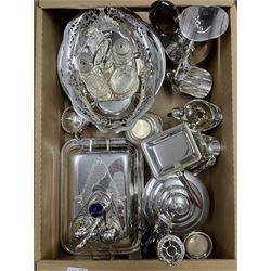 Plated entree dish and cover, glass and plated cruet, two salvers etc in one box