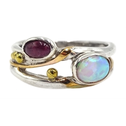 Silver and 14ct gold wire ruby and opal ring, stamped 925