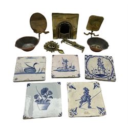 Five various Delft blue and white tiles, tiles, two brass miniature tilt top tables, miniature fireplace and other items