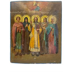 Russian Orthodox School (19th/20th century): Jesus above Five Saints, church icon on panel inscribed in church Slavic, depicting Jesus above five saints: Holy Great Martyr Panteleimon, Holy Venerable Martha, Holy John Chrysostom, Holy Martyr Alexandra and one other 53cm x 44cm