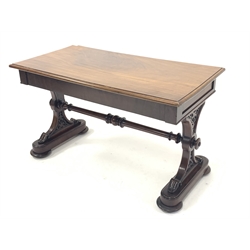 Victorian mahogany stretcher table, fitted with two frieze drawers, raised on peirced panel end supports on platform base with compressed bun supports and recessed castors, w122cm x 63cm, H73cm