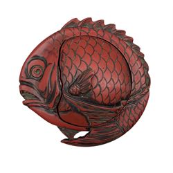 Chinese red lacquer serving dish and cover in the form of Fish, L22cm 