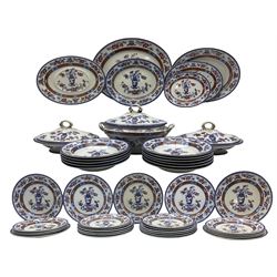 Victorian William Brownfield & Son dinner service c1876 decorated in the Avon pattern no.115, comprising fifteen dinner plates, eleven bowls, ten side plates, set of four graduated meat platters, meat strainer, large soup tureen and stand and a pair of tureens and stands (47 pieces)