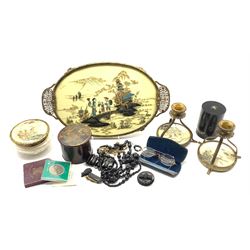 Vintage Japanese design four-piece dressing table set, Whitby Jet beaded necklaces and brooches, lacquer box and cover, two pairs of pince nez glasses, Festival of Britain 1951 Crown etc