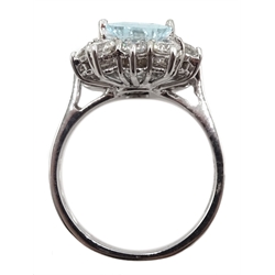 18ct white gold emerald cut aquamarine and diamond cluster ring, hallmarked, aquamarine approx 1.85 carat, diamond total weight approx 1.30 carat
