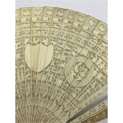 19th century Chinese Canton carved ivory brise fan: each pierced stick intricately carved on one side with central shield-shaped cartouche, flanked by two bird carved roundels, with an upper border of animals from the Chinese zodiac, H18.5cm x W30cm open