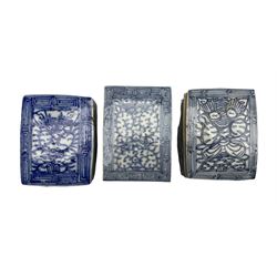 Three 18th/ 19th century blue and white rectangular boxes, all having inscriptions to the interior and scrolled decoration to the cover, L10.5cm (3)