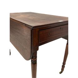 George III mahogany Pembroke table, figured drop-leaf top over single drawer to end, on turned supports with brass cups and castors