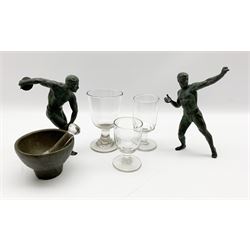 After the Antique - Pair of bronze figures of Greek athletes, one holding a discus H20cm, metal mortar with glass pestle and three 19th century drinking glasses