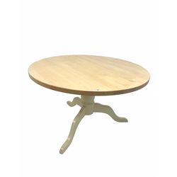 Late 20th century circular beech top dining table, raised on three white painted splayed supports. D120cm, H75cm