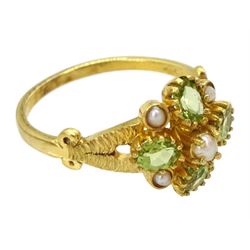 Silver-gilt peridot and pearl cluster ring, stamped