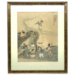Japanese School (19th century): 'The Gathering of Eight Immortals' Mythological Scene, gouache on silk signed and stamped 44cm x 35cm
