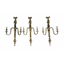 Three Georgian design gilt two branch wall lights with tied bow finials H75cm to match the previous lot