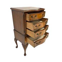Georgian design mahogany dwarf or bedside serpentine chest, fitted with four cock-beaded drawers flanked by fluted canted uprights, raised on cabriole supports