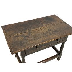 18th century oak side table, pegged two plank top with boarded ends over frieze drawer, on turned supports joined by plain pegged stretchers