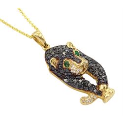 14ct gold emerald, white and black diamond panther pendant by EFFY, boxed with receipt
