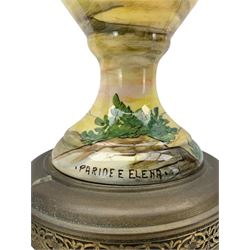 Pair Italian urn form lamps depicting Iliadic scene of Helen of Troy with Paris, each titled 'Paride E Elena', on pierced brass shaped bases, with shades, H63cm (excluding shades)