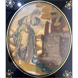 English School (Early 19th century): Maiden Mourning over Shakespeare's Tomb and Mother and Child in a Rural Landscape, pair embroidered silk pictures in Verre Eglomise frames 30cm x 24cm (2)