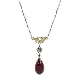 Early 20th century 18ct gold and platinum pear shaped cabochon garnet, enamel and diamond pendant necklace