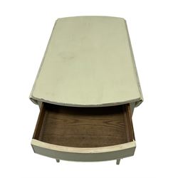 19th century painted mahogany pembroke table, oval drop-leaf top, fitted with single drawer, raised on square tapering supports, in pale laurel green finish and an early 20th century black painted trunk, rectangular hinged lid with studwork (2)