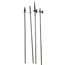 Replica metal Halberd on wooden haft, L242cm, another with metal haft and two others (4)
