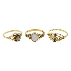 Gold single stone opal ring, gold smokey quartz ring and one other gold ring, all hallmarked 9ct 